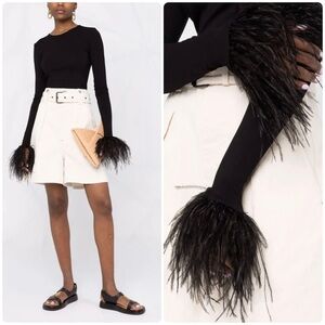 New! Manuri Elektra Ostrich Feather-Trim Stretch Blouse in black 🖤 XS